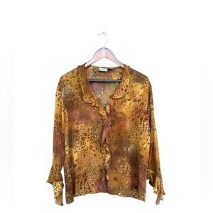 Vintage 90s Womens Silk Sheer Animal Print Ruffle Button Down Blouse Sz Medium